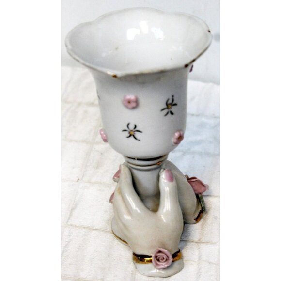 Vtg 50s Lefton China Bud Vase Womans Lady Hands Holding Cup Pink Rose 5" - Picture 5 of 11